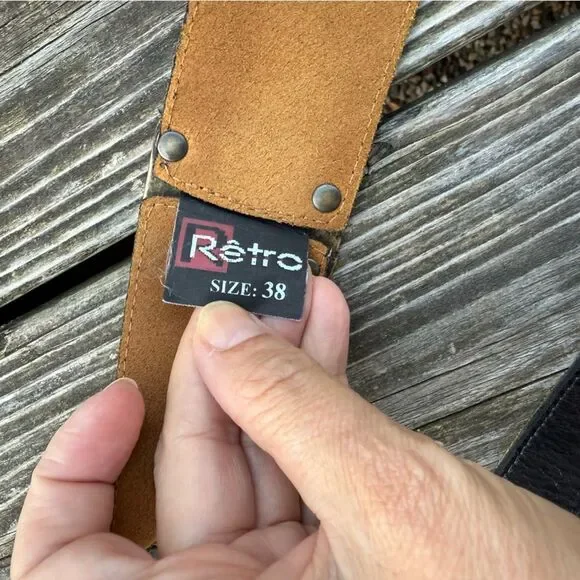 ADK Retro Vintage Black Leather Studded Belt with Antiqued Brass Hardware Edgy S - Picture 4 of 13